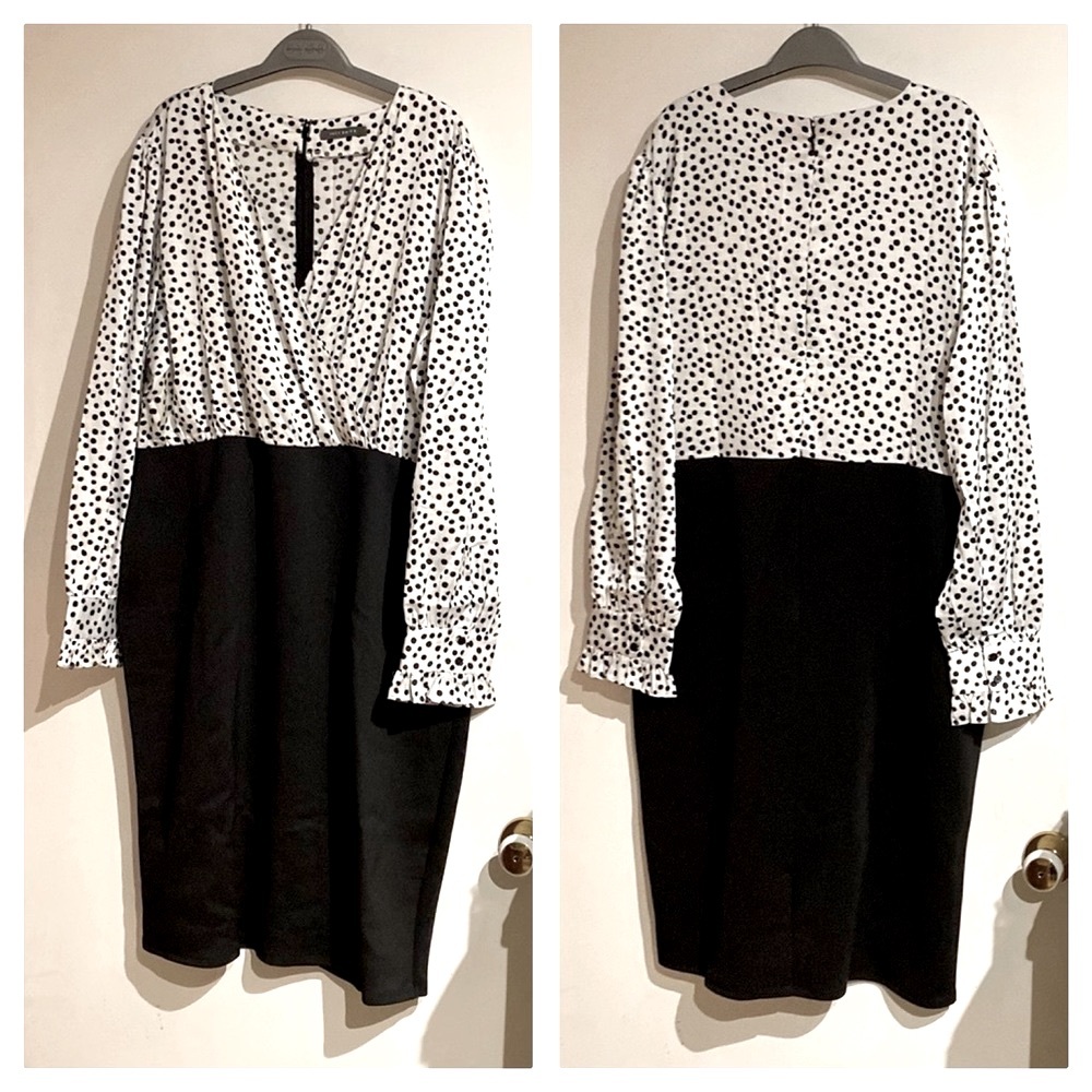SUZY SHEIR Black & White Polka Dot Dress w/ Cross Over Top! NWOT! Plus S…